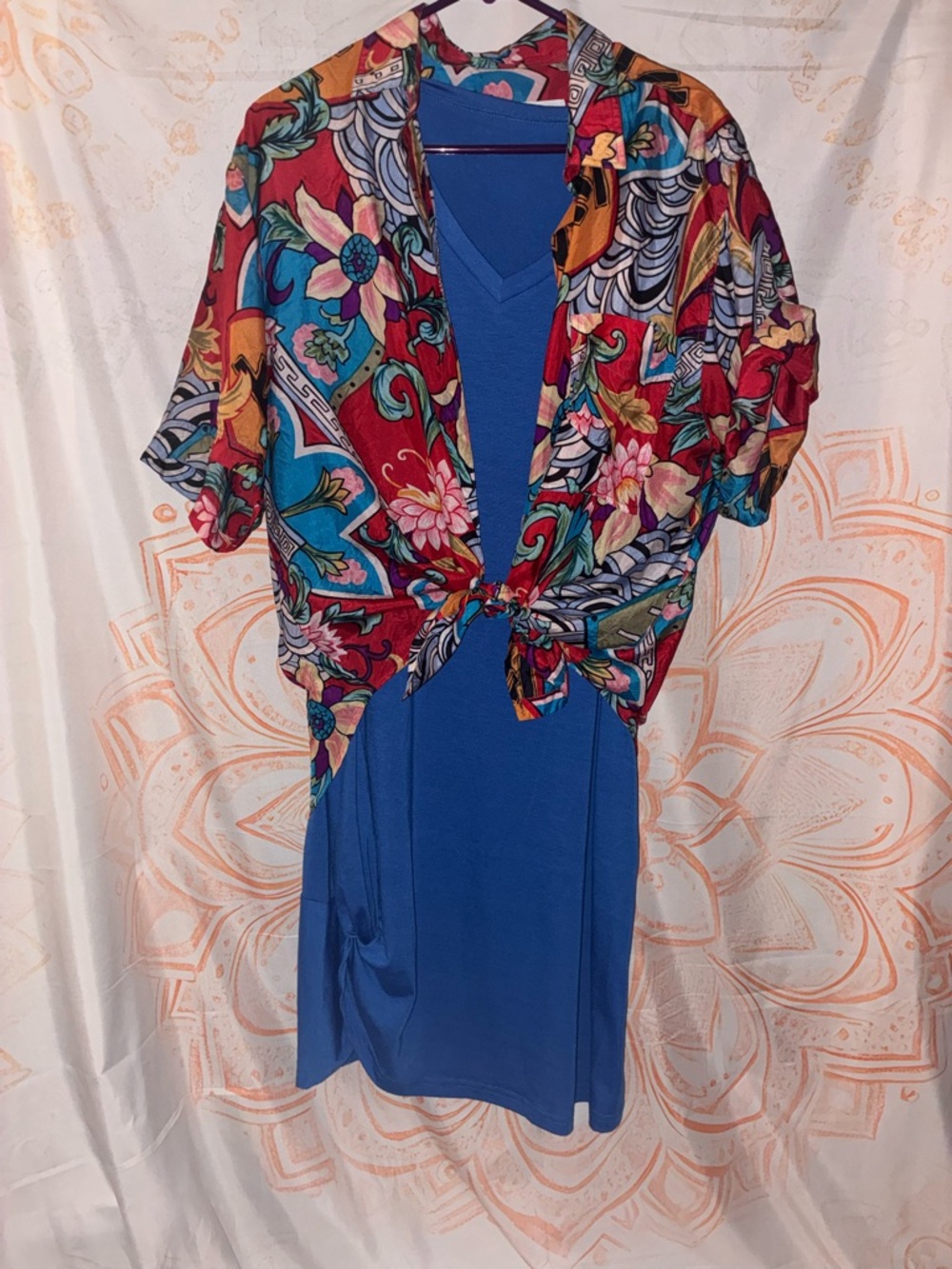 Blue Mini Dress with Vibrant Floral Tie-Front Overlay